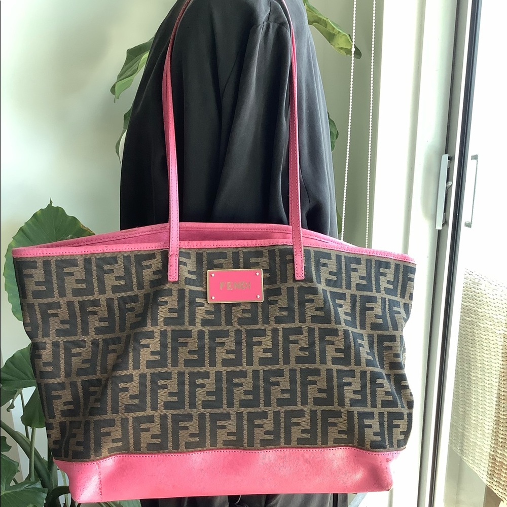 Fendi Bag Zucca Print with Pink Color Combination Brown Satchel Canvas Tote